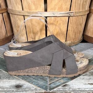 Yokono Multi-Cross Light Brown Suede Cork Wedge Comfort Sandals Womens Size 9